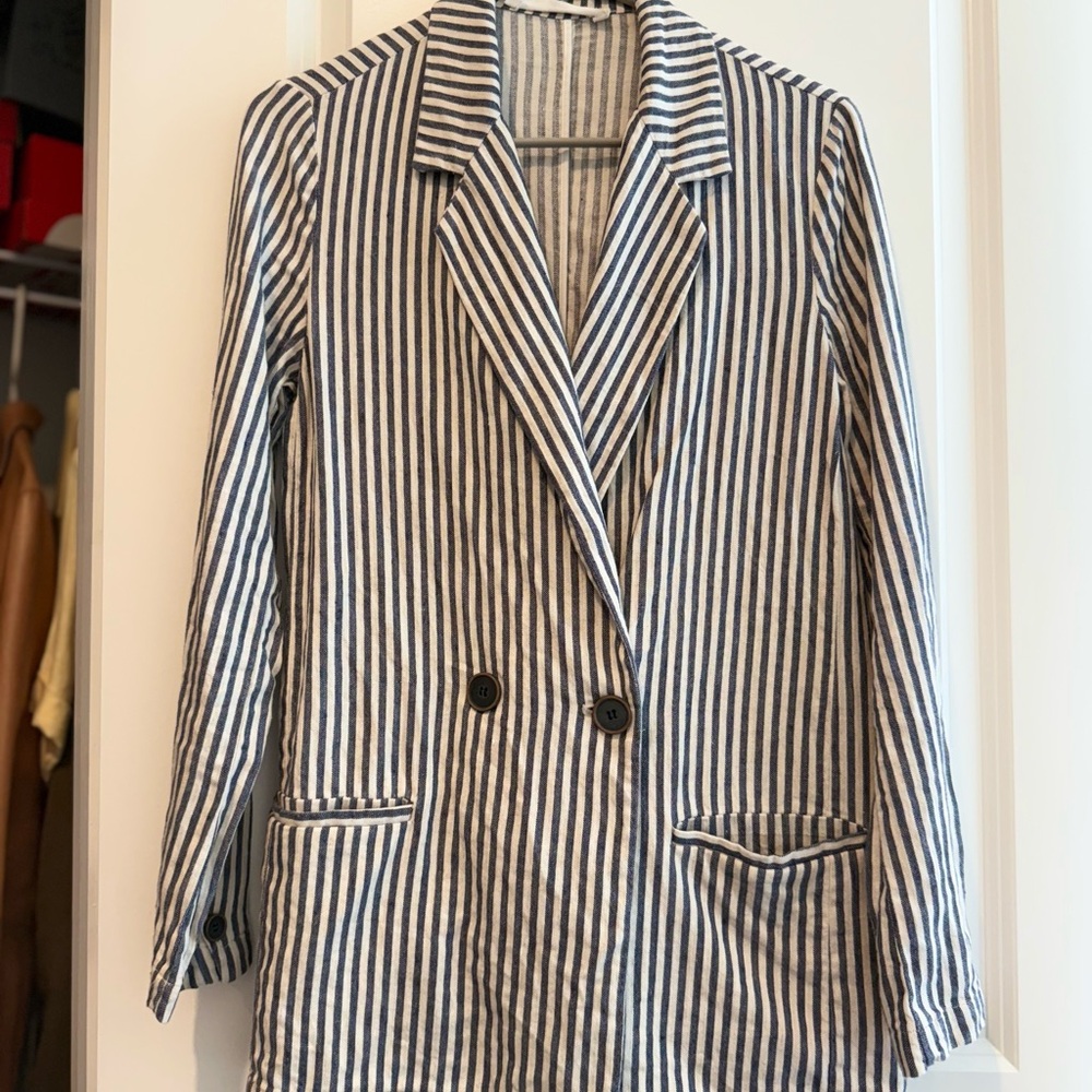 Mango Navy and White Striped Linen Blazer- size Small